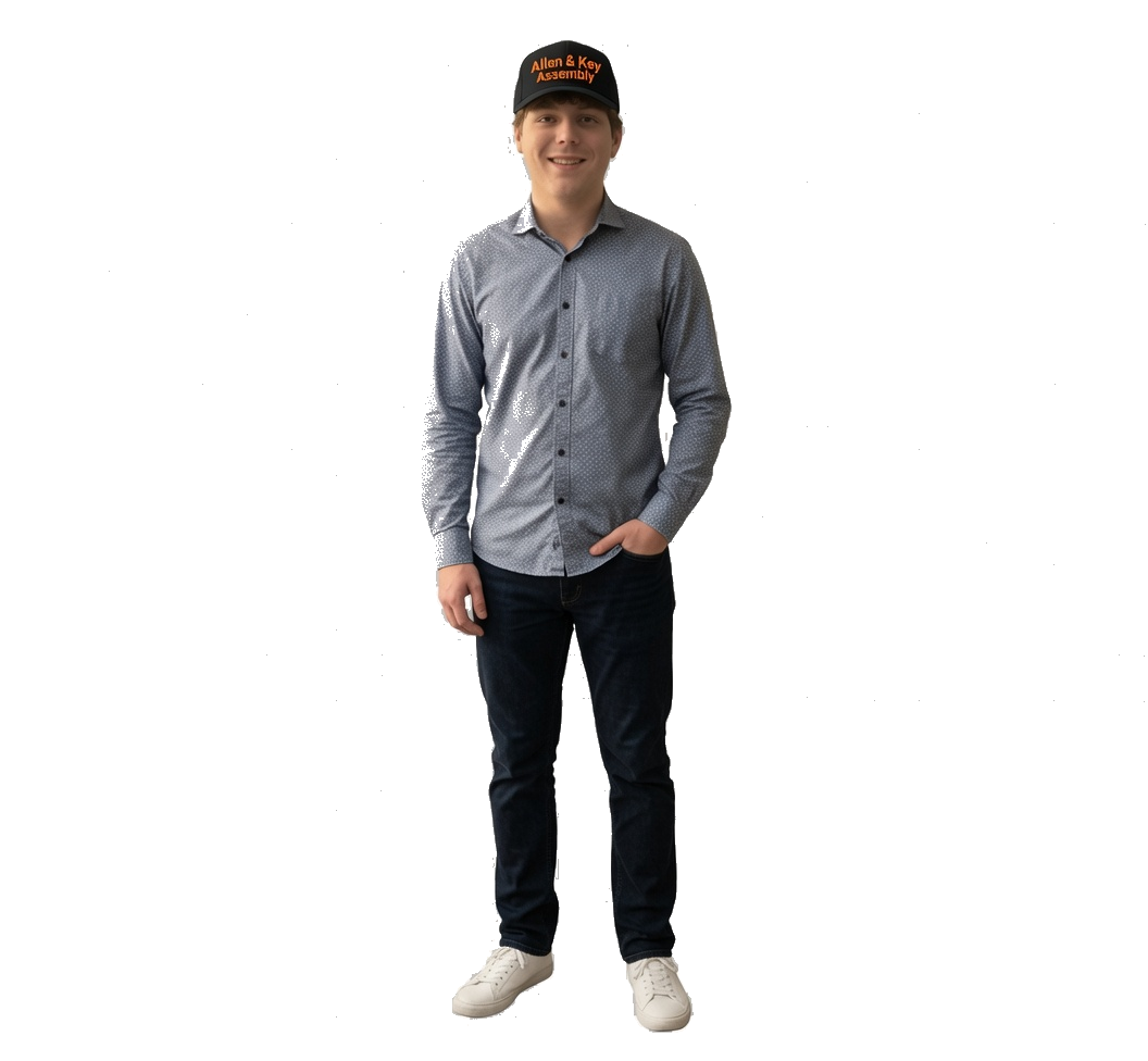 Ben, founder of Allen and Key Assembly, in the company cap